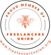 Orange text surrounding orange outline of a bee that reads "proud member of freelancers union"