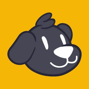 Dark grey cartoon style dog against yellow background